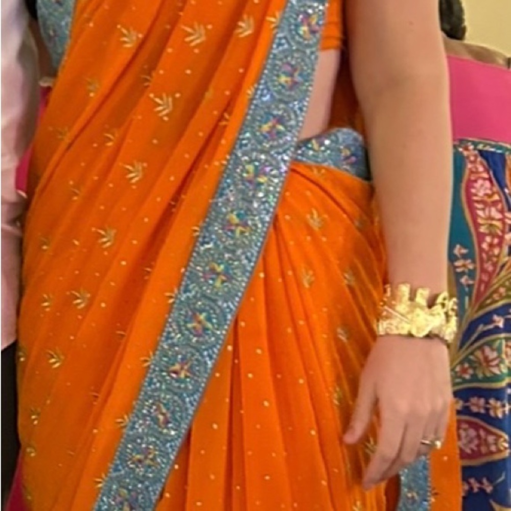 Orange Saree with Blue Border - Picture 5 of 5